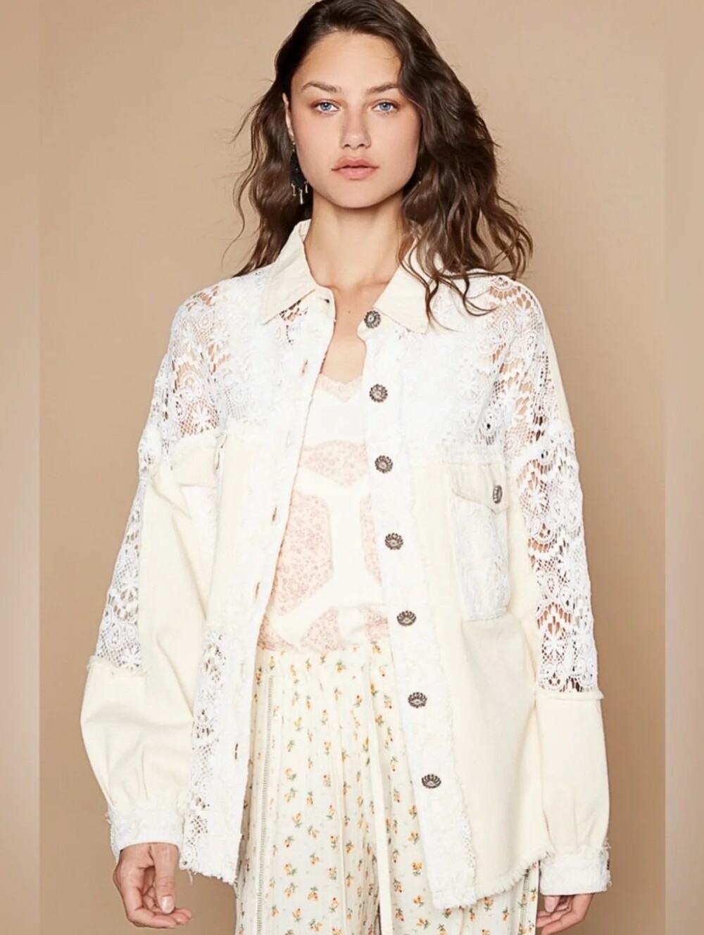 POL  Lace-Trim Women's Shacket, Natural Color Cream/White/Ivory  Sz Small NWT